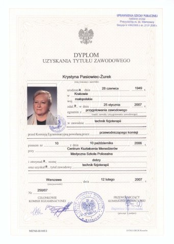 Dyplom Krystyny Pasiowiec-Żurek